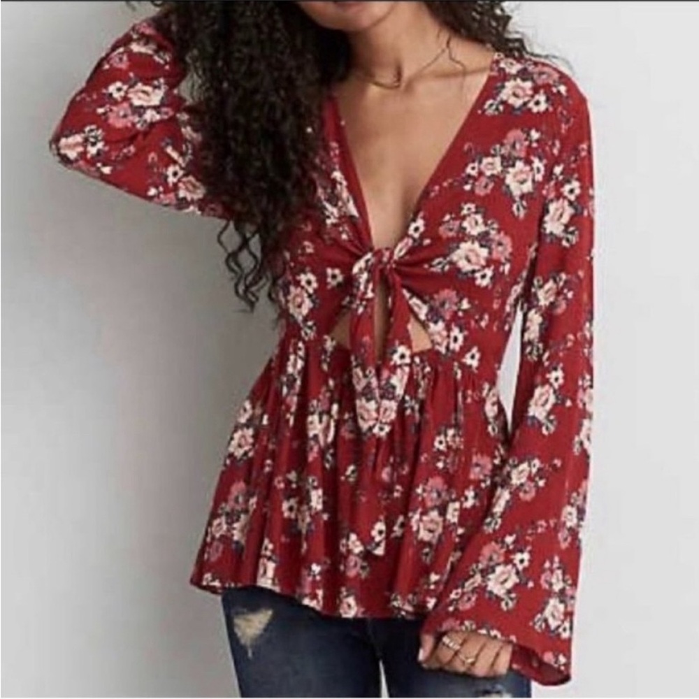 American Eagle Outfitters Red Floral Blouse